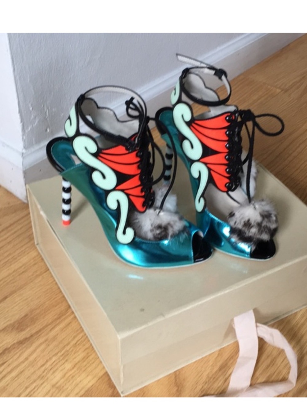Sophia Webster Metallic Teal and Red Open-Toe Heels with Decorative Accents - Picture 5 of 5